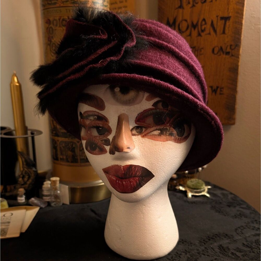 Wool Faux Fur Floral Cloche Hat Women's One Size Burgundy